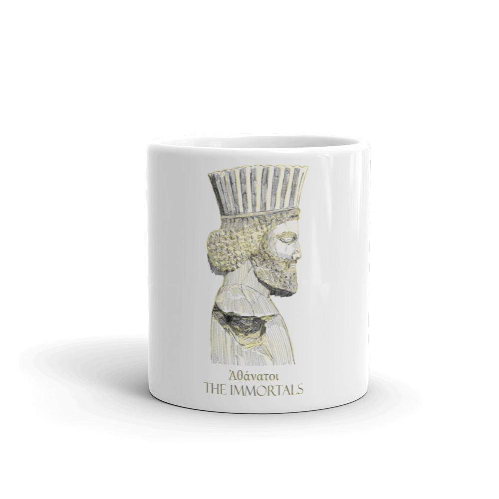 Achaemenid soldier white text golden glossy mug