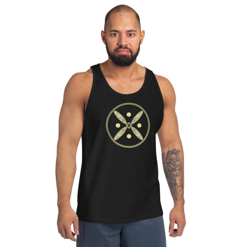 Derafsh Kaviani Golden Tank Top showcasing Persian heritage with a modern design