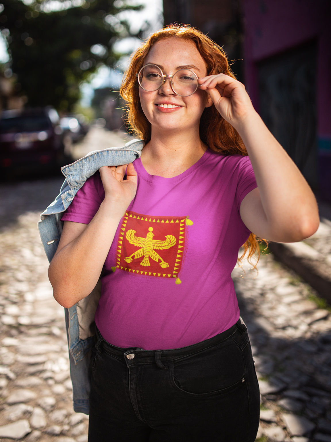 Women's t-shirt with Achaemenid Empire flag design.