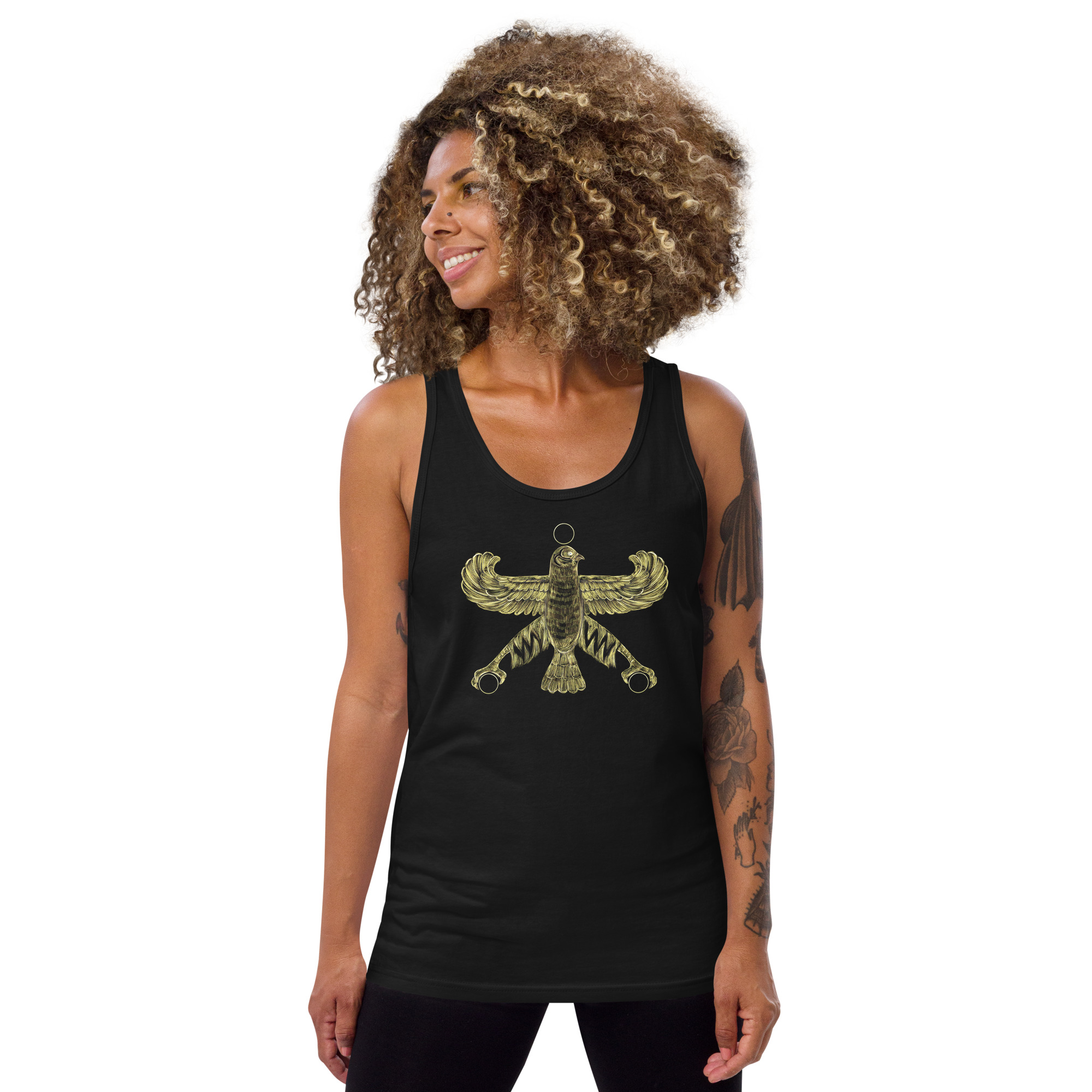 A women’s tank top featuring the golden Achaemenid Persian Empire flag, symbolizing Persian heritage.