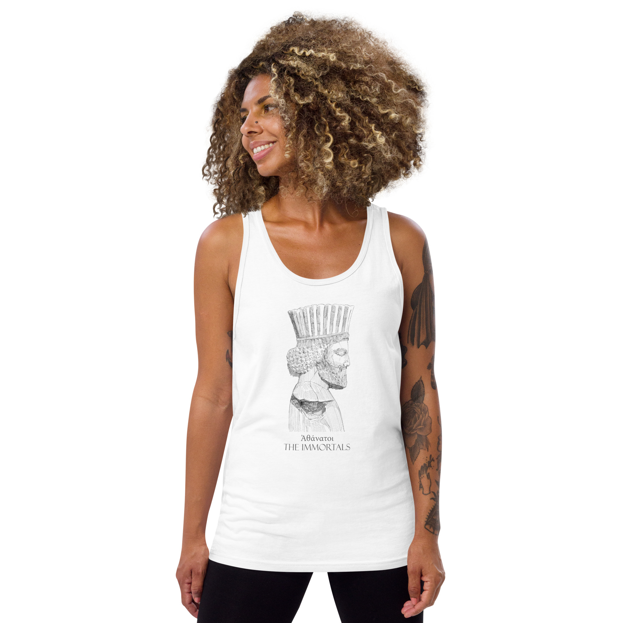 A women’s tank top featuring the design of an Achaemenid soldier, inspired by ancient Persian warriors.