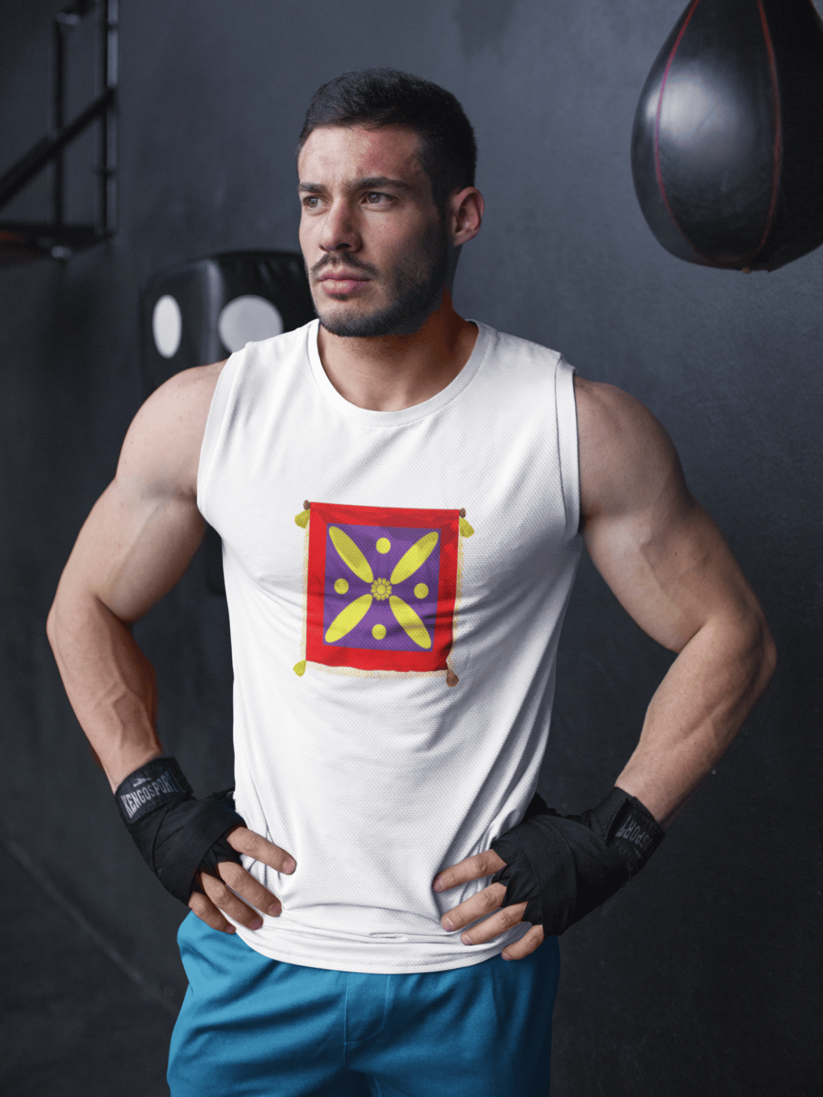 Derafsh Kaviani muscle tee with legendary Iranian banner design
